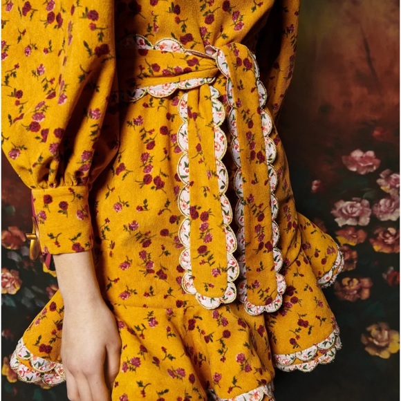 CeliaB Alder Dress Floral Puff Sleeve Scallop Mini Ruffle Tiered Micro Corduroy - Picture 3 of 8